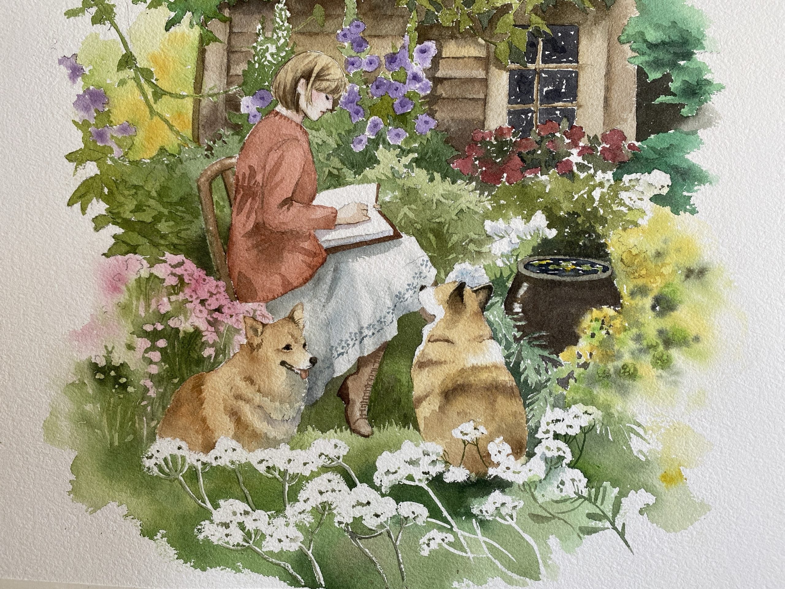 Serene Moments in the Garden with corgis - Giclée Art Print on Cotton Paper