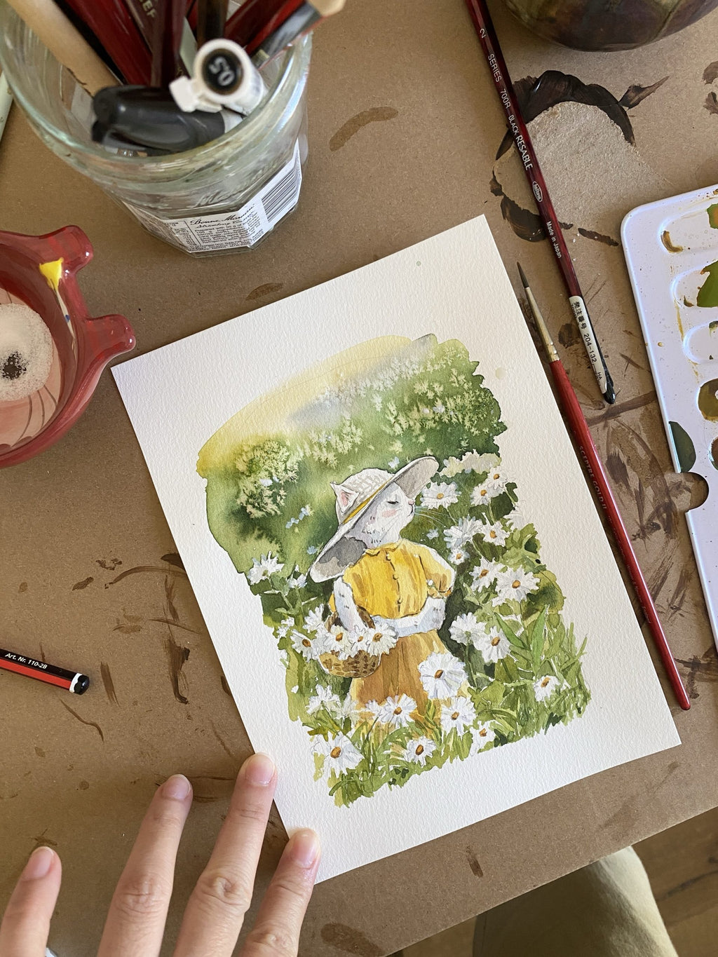Miss cat in daisy garden | Print vintage framed