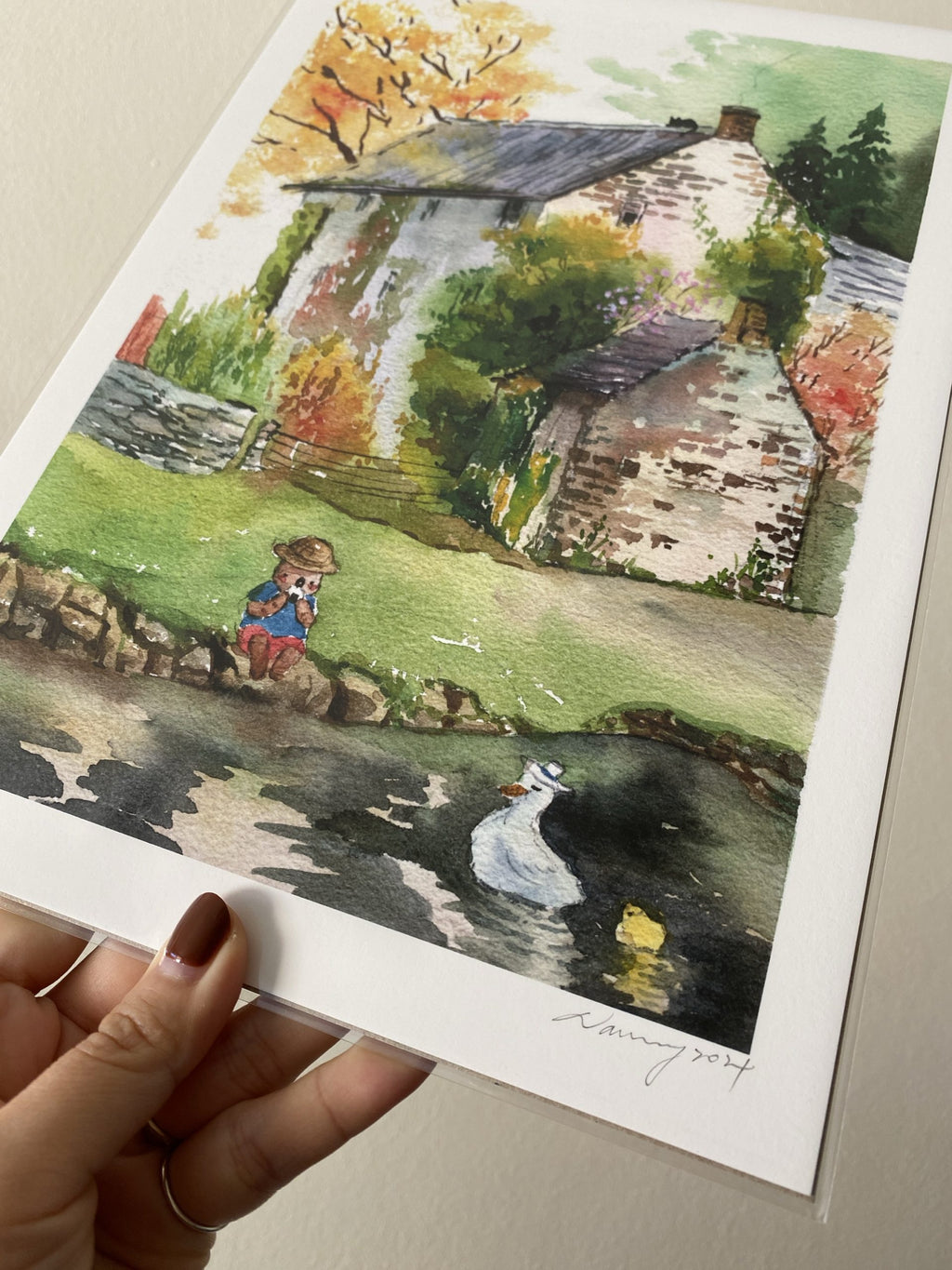 Close detail of the cabin and trees in the forest cabin print