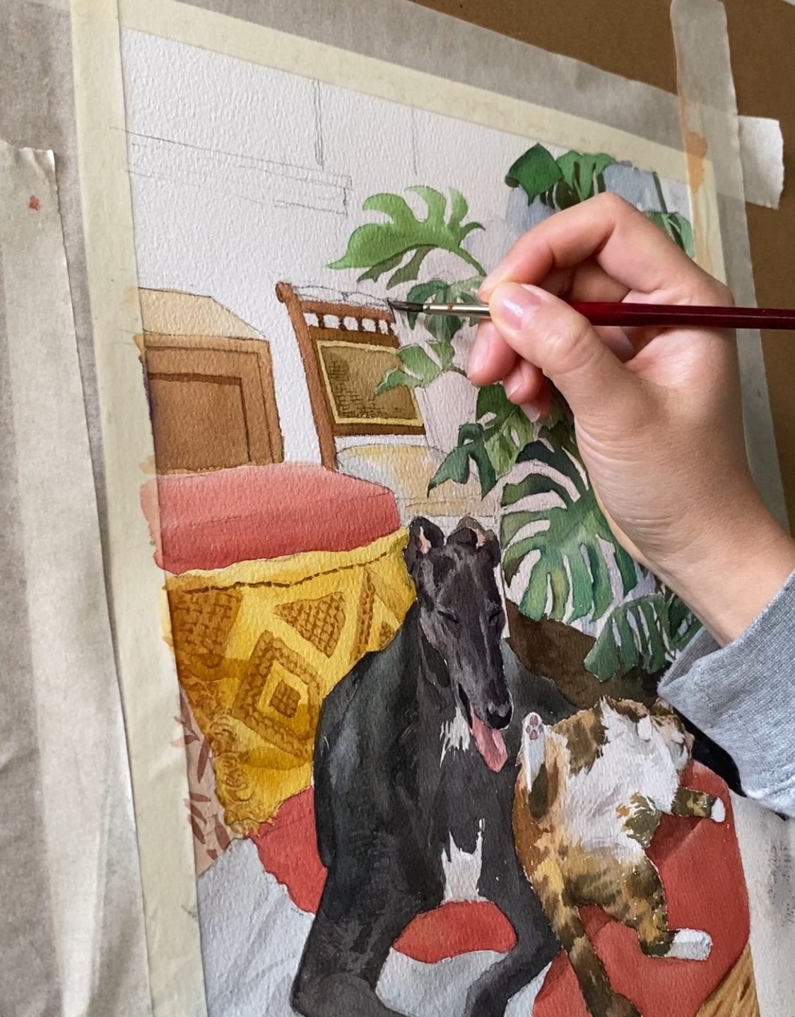 Detail of the sleeping greyhound in the watercolour painting