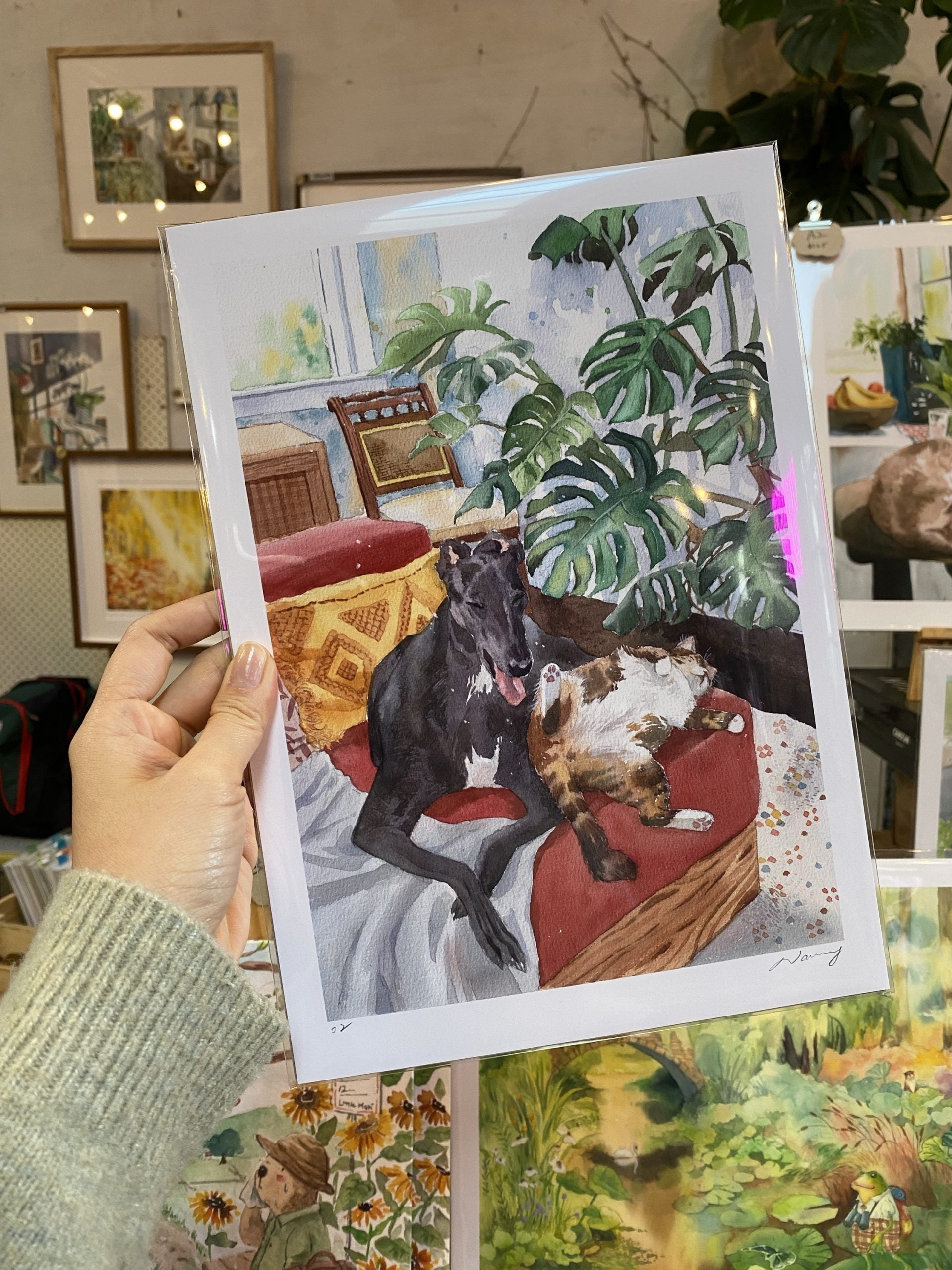 Greyhound and cat watercolour art print styled in a sunlit living room