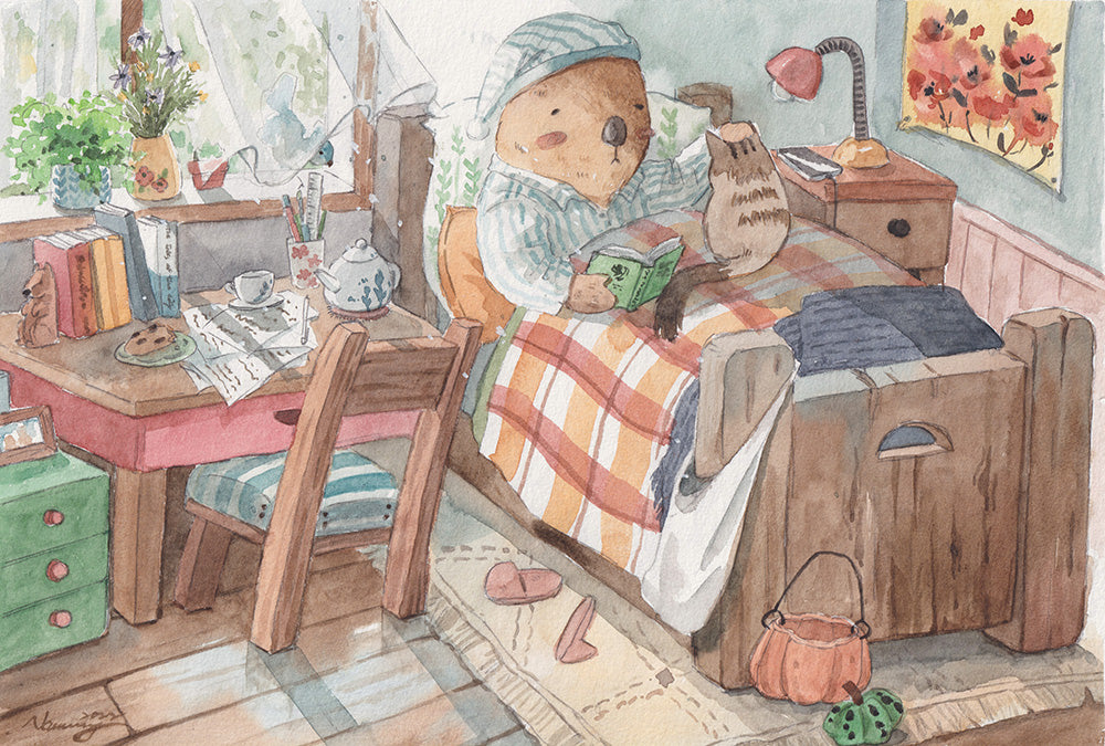 Watercolour illustration of Mr. Otter in bed with a cat curled up beside him