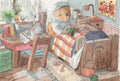 Watercolour illustration of Mr. Otter in bed with a cat curled up beside him