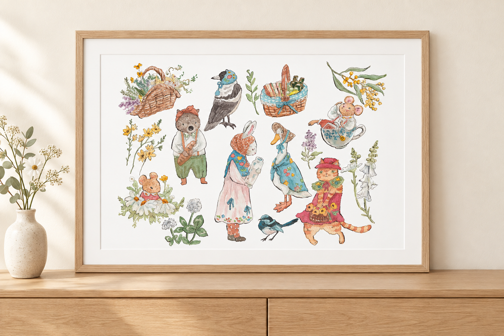 Landscape artwork mockup in a natural oak frame