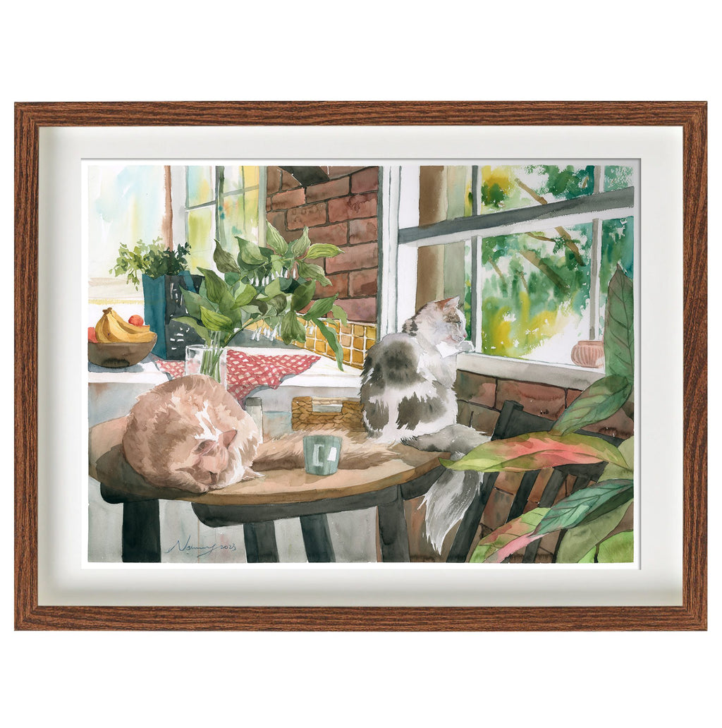 Watercolour print of a ginger cat asleep on a table and a tabby on the windowsill