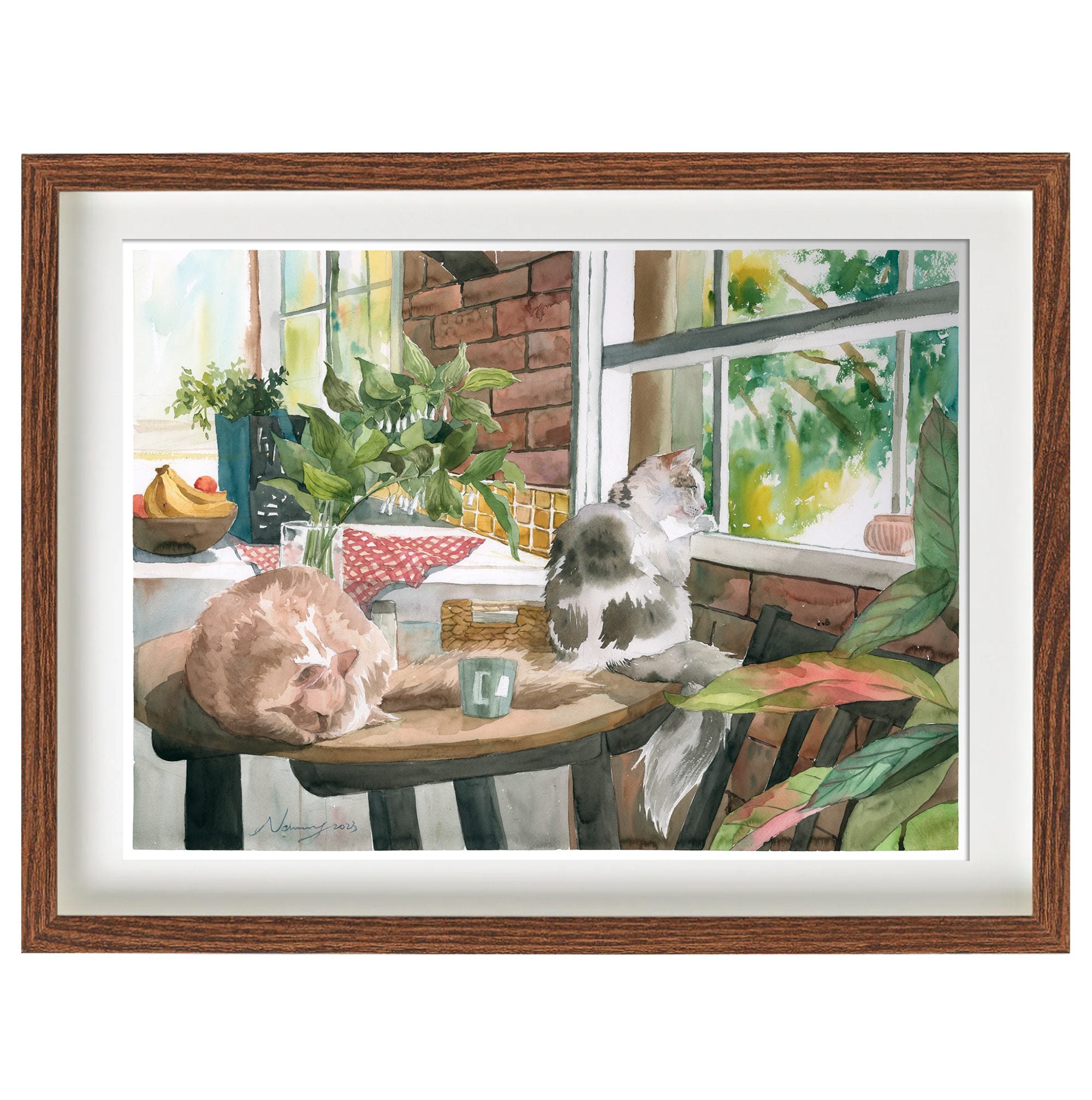 Watercolour print of a ginger cat asleep on a table and a tabby on the windowsill