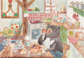 Watercolour illustration of Principal Bear making pancakes in a messy kitchen
