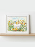 Watercolour print of a mother duck walking with her ducklings following in a line