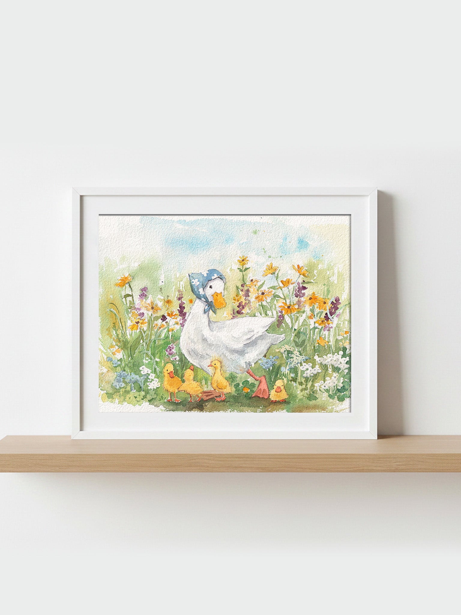 Watercolour print of a mother duck walking with her ducklings following in a line