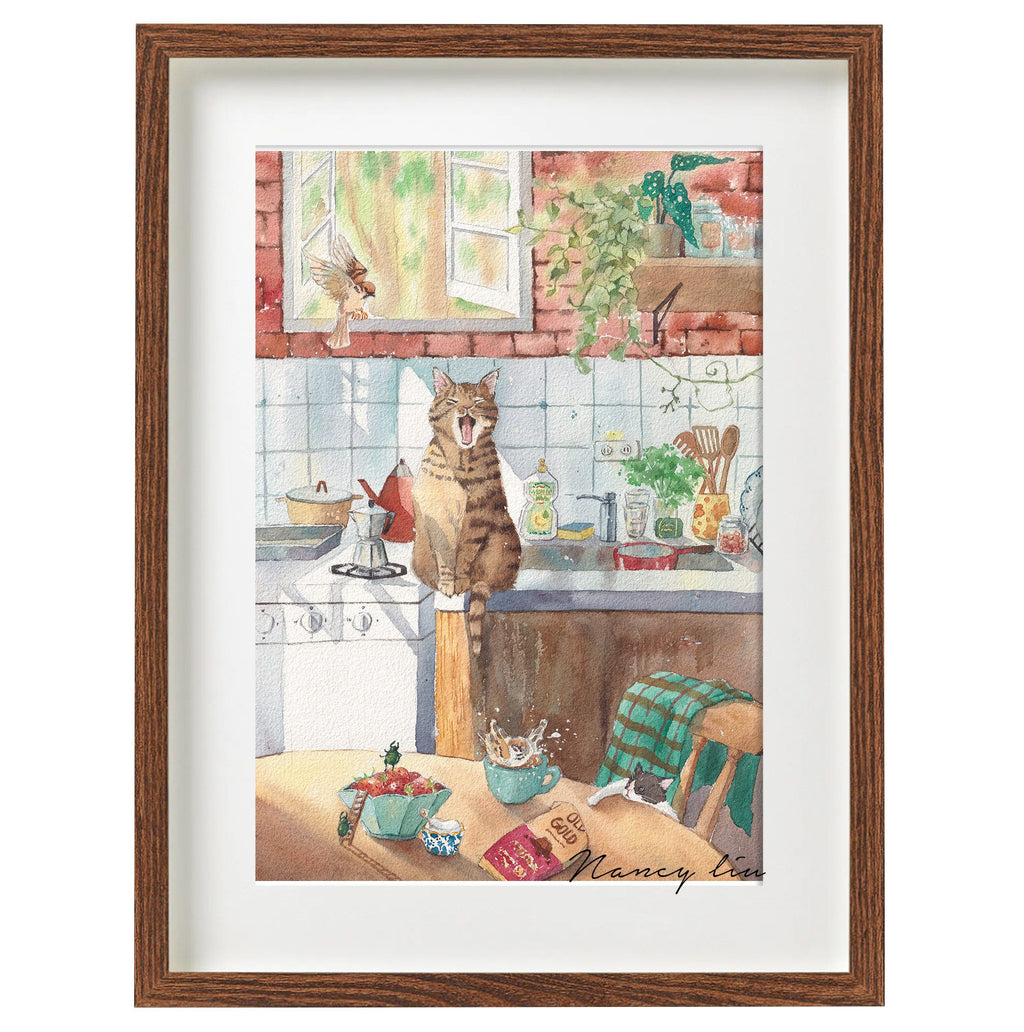 Whimsical watercolour print of sparrows, a kitten and beetles taking over the house