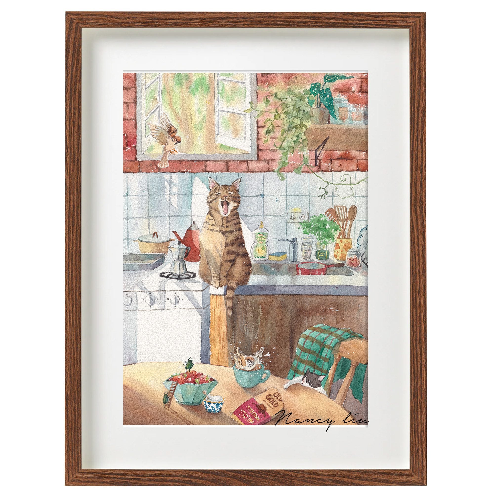 Whimsical watercolour print of sparrows, a kitten and beetles taking over the house
