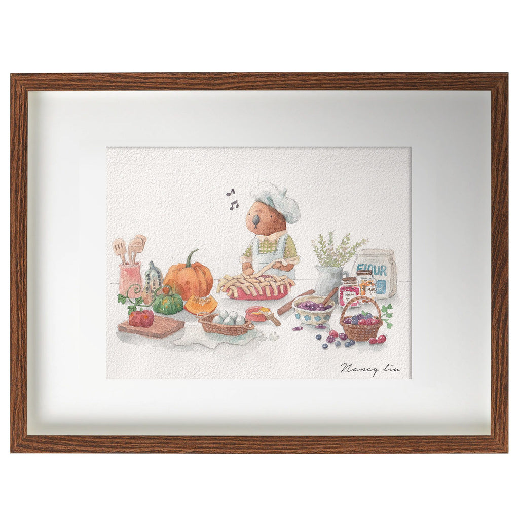 Autumn cooking print framed on a kitchen wall