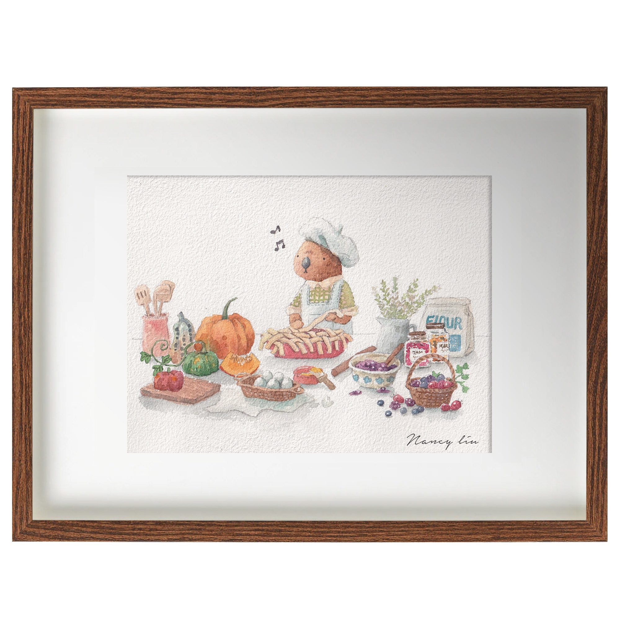 Autumn cooking print framed on a kitchen wall