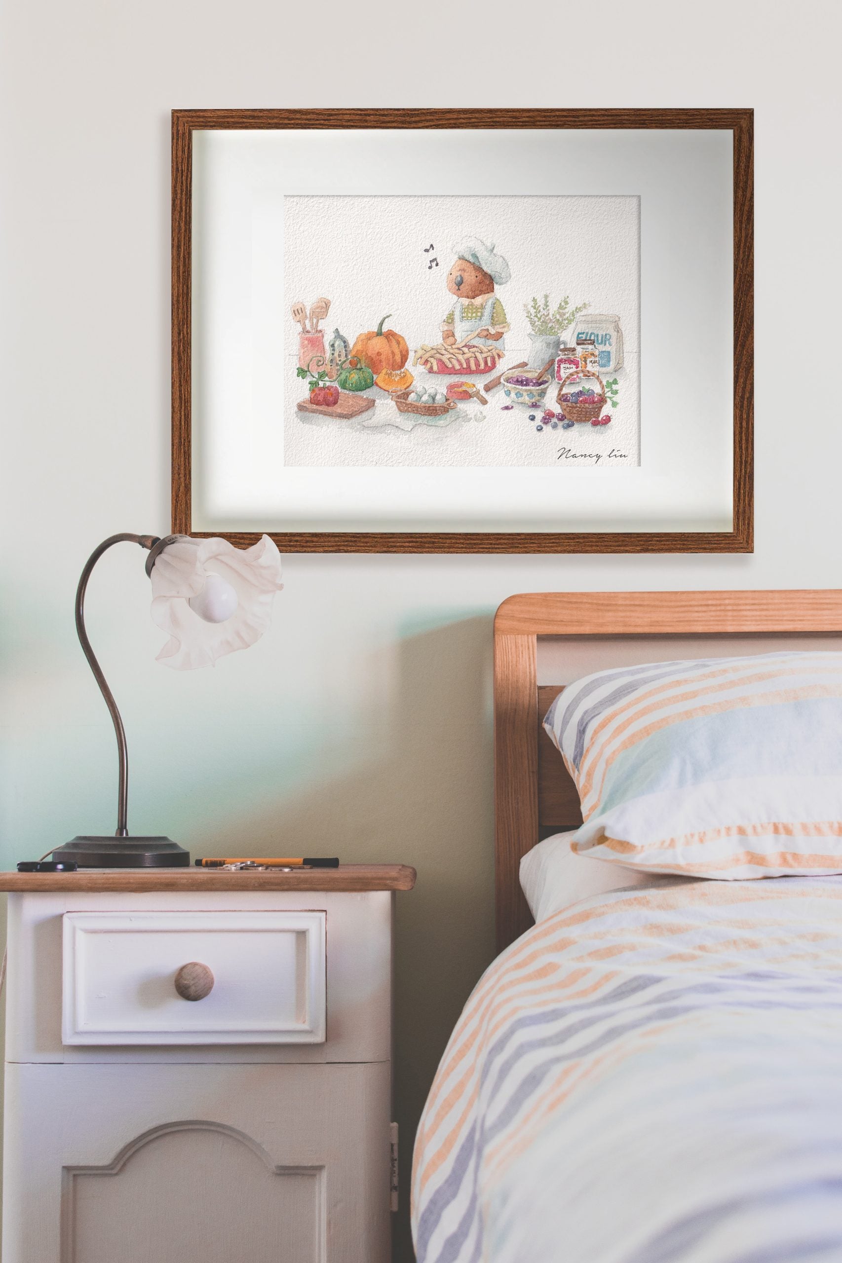 Autumn cooking print framed and styled in a dining room