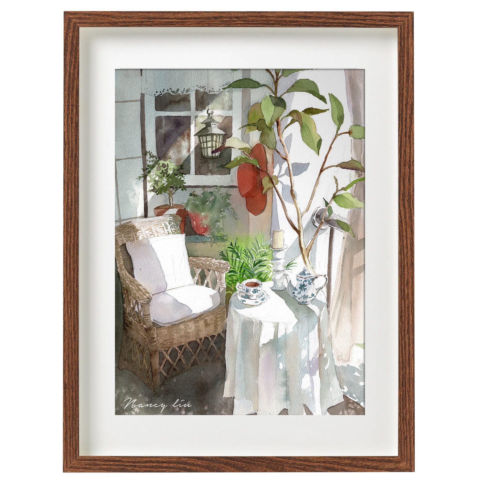 Cozy watercolour art print-Afternoon tea in balcony