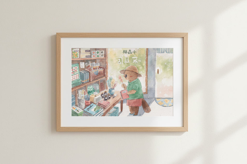 Mr. Otter's stationery shop watercolour print shown in a frame