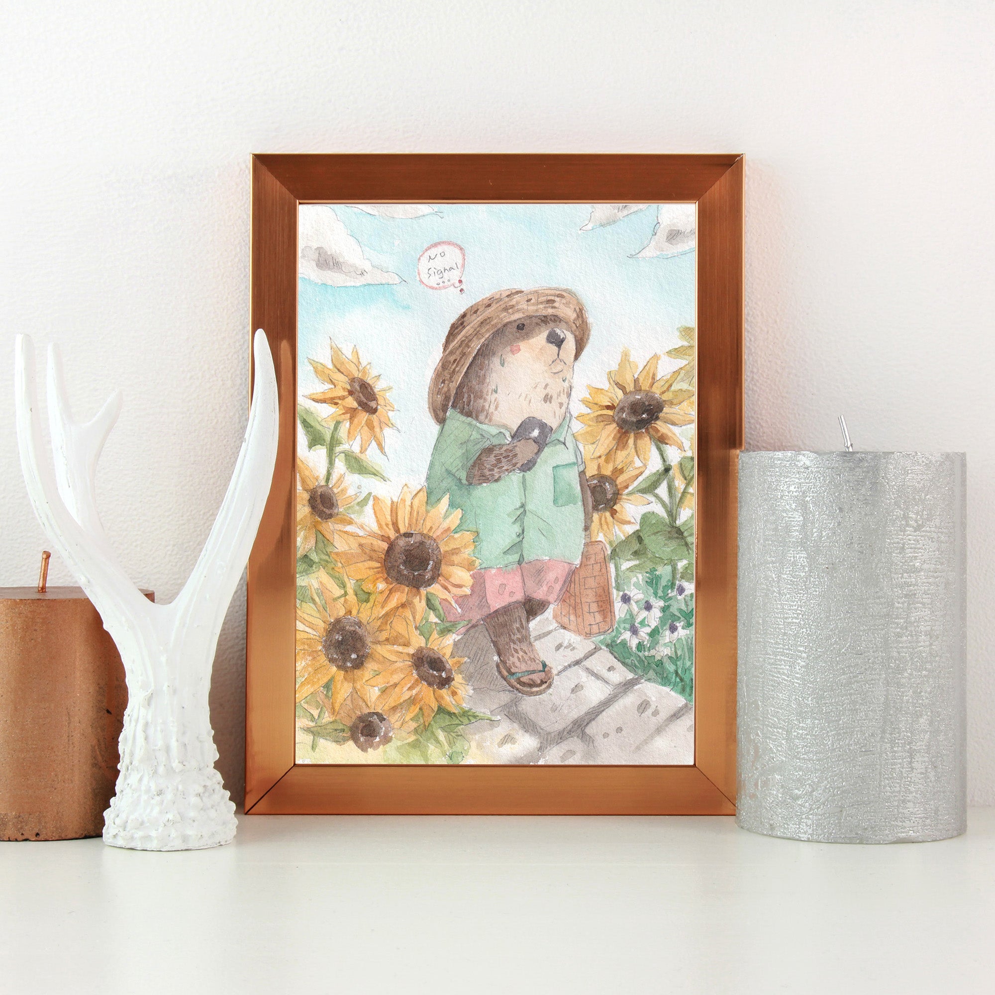 Close detail of the watercolour brushwork in the Mr. Otter arrival print