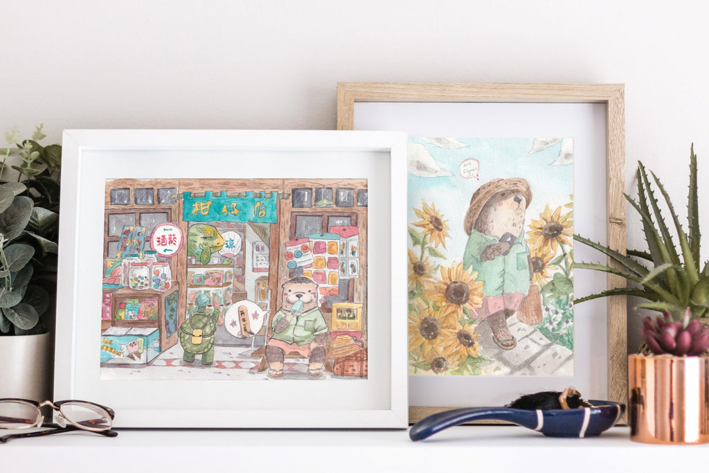 Full grocery shop watercolour illustration with shopfront details
