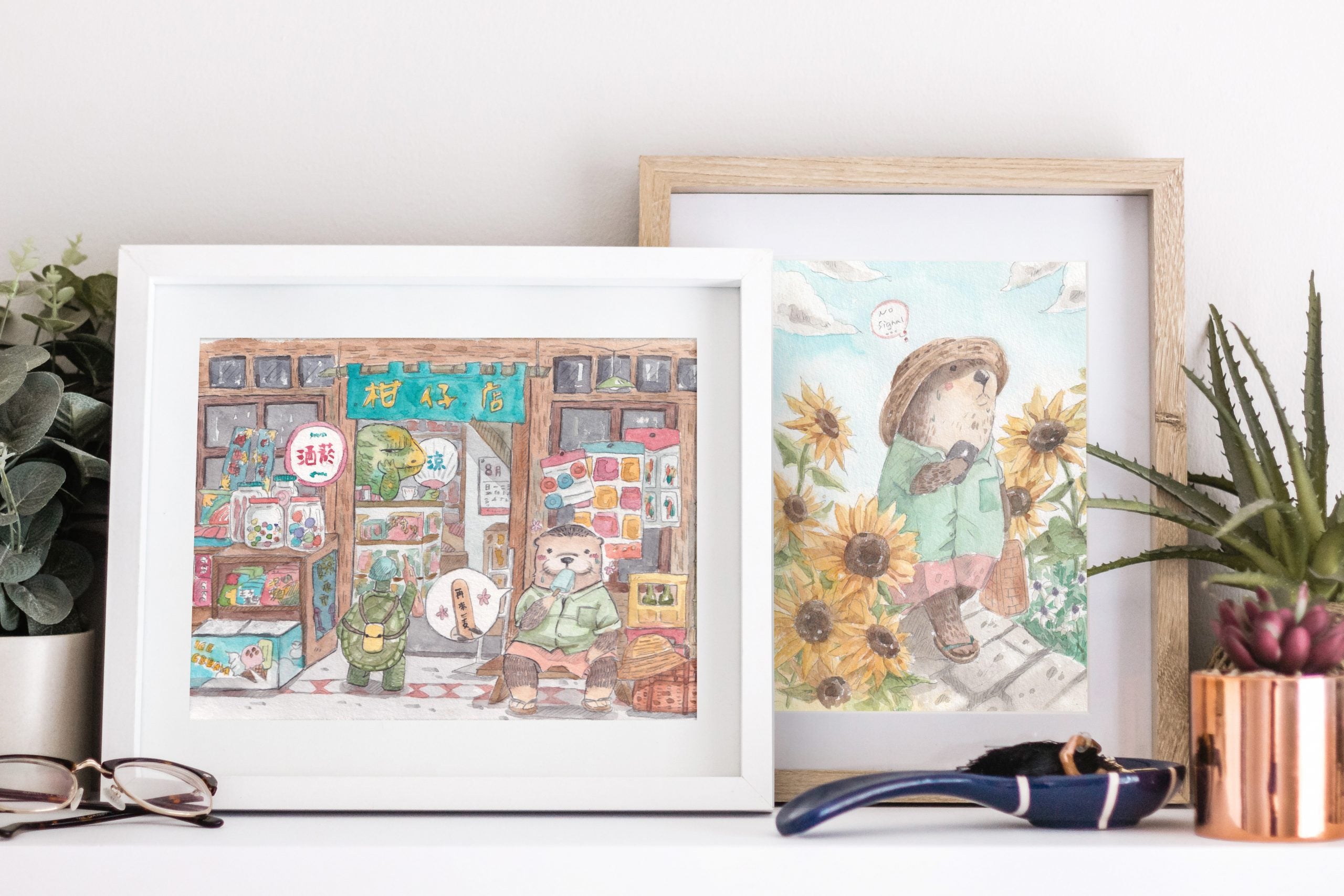 Full grocery shop watercolour illustration with shopfront details