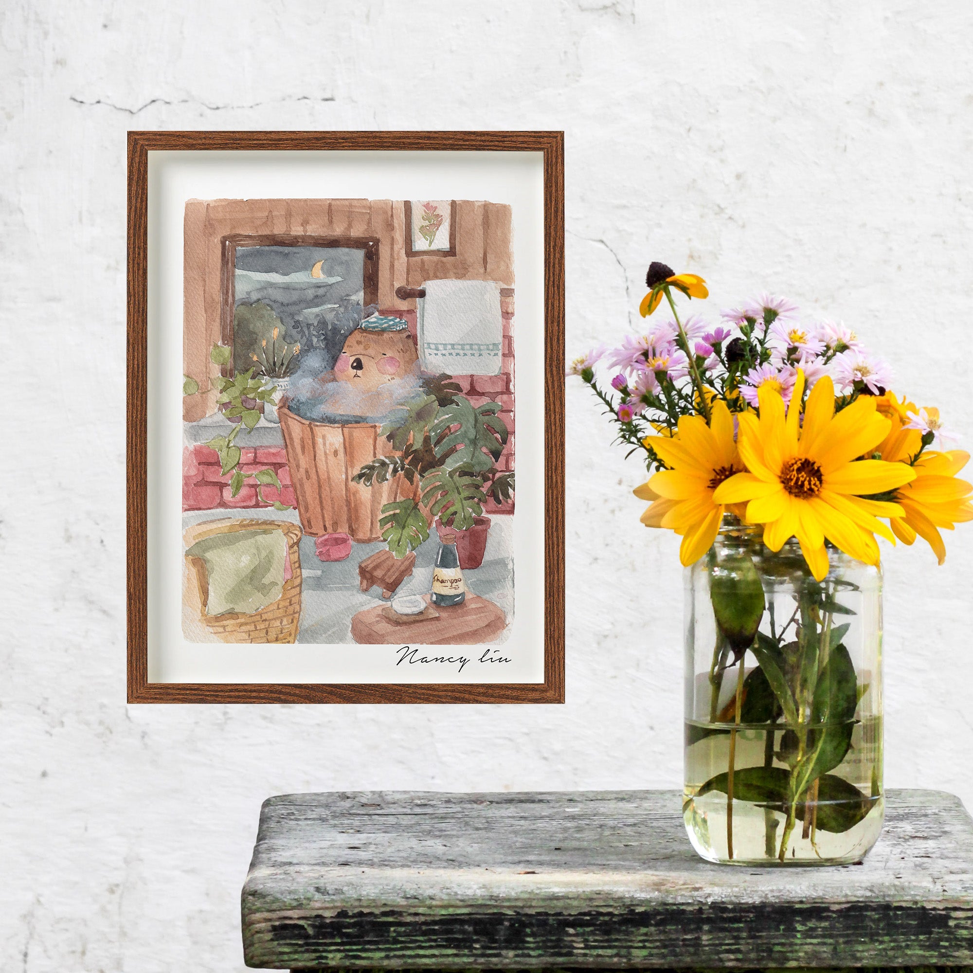 Mr. Otter bath print held up to show the full illustration and white border