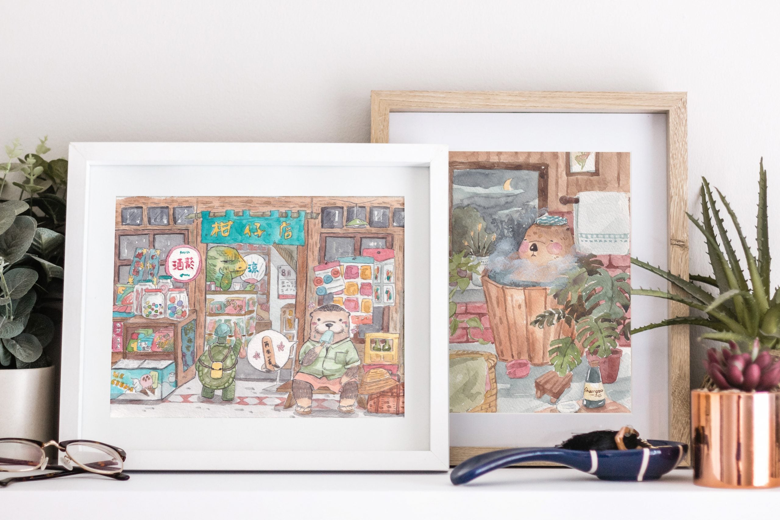 Close detail of the bathroom tiles and warm water in the Mr. Otter bath print