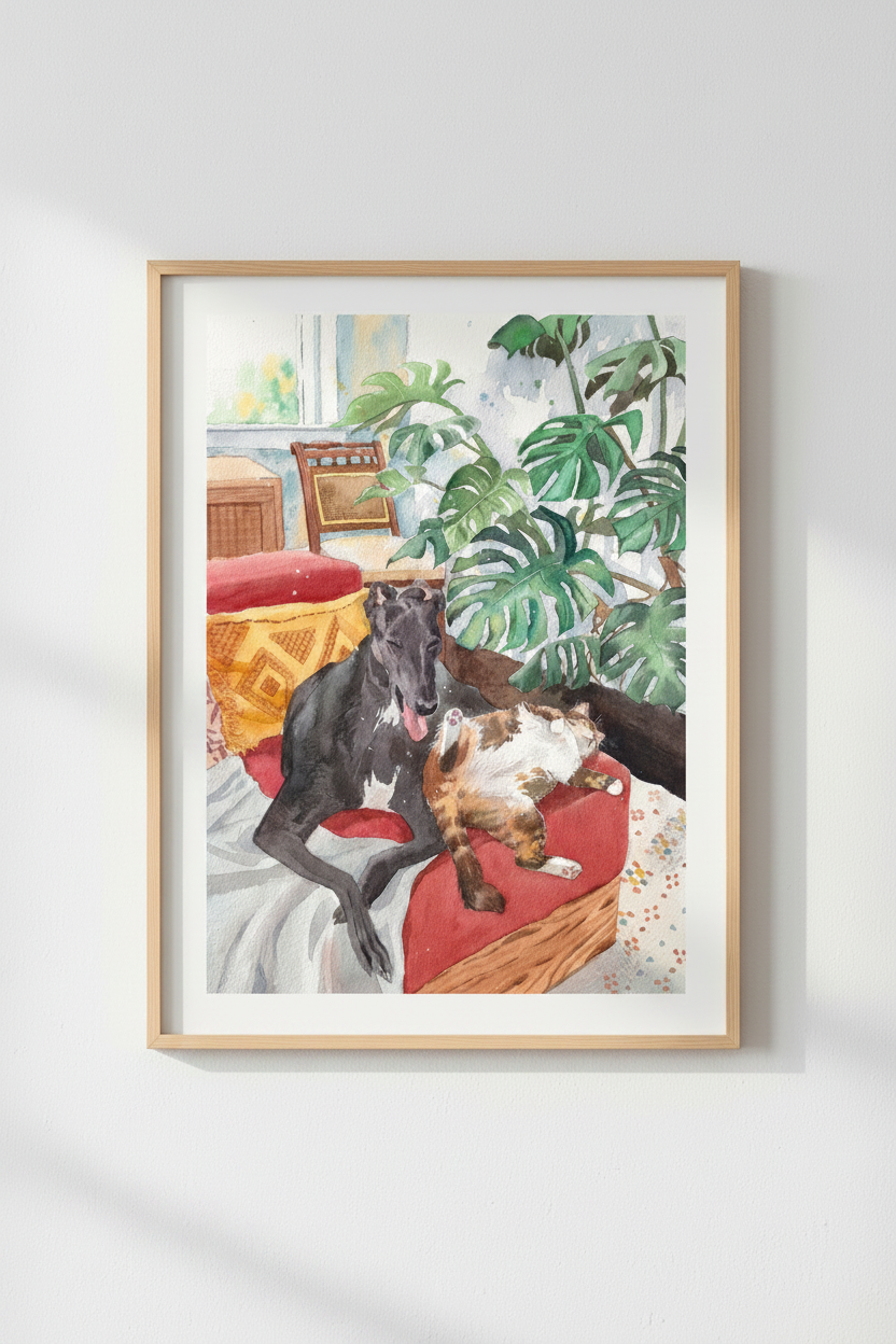 Close-up of the Greyhound and Cat Napping watercolour print in a frame