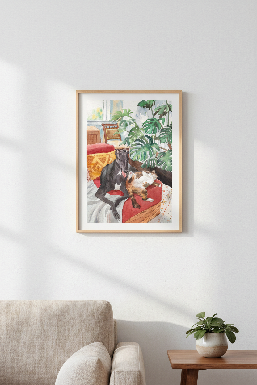 Greyhound and Cat Napping watercolour print shown framed on a wall