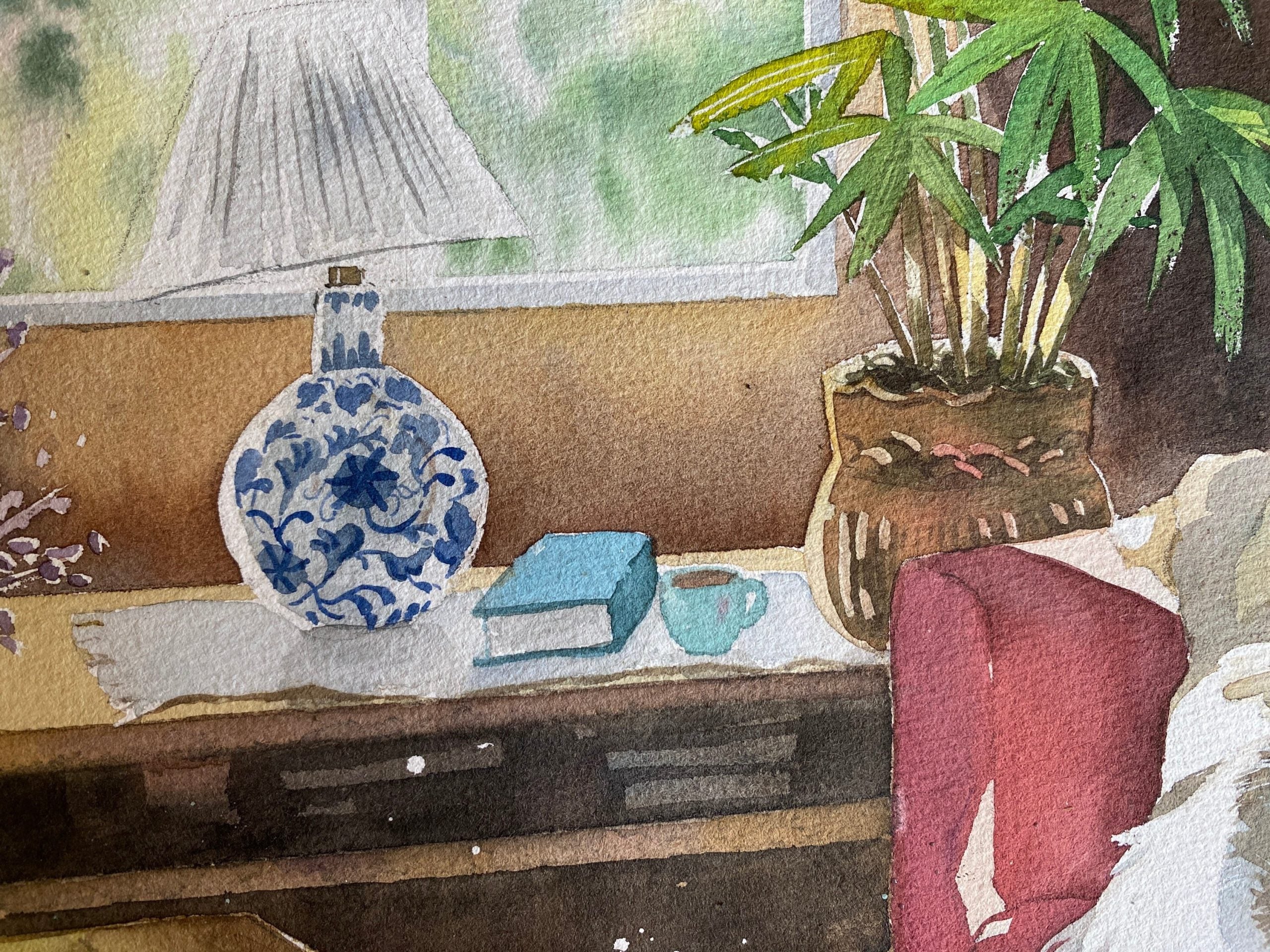 Detail of the sleeping cat in the Nap Time watercolour painting
