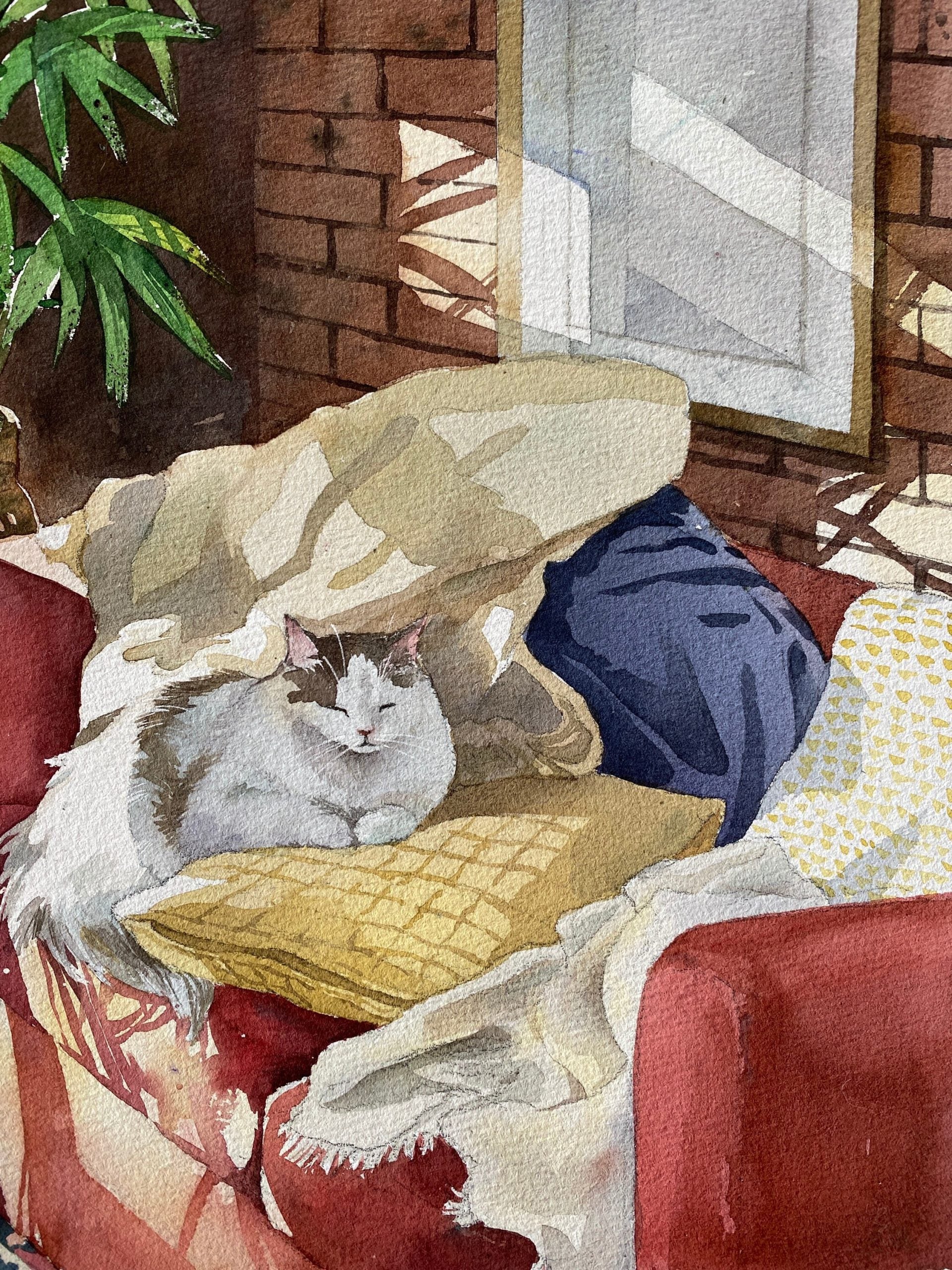Close-up of the warm sunlight tones in the Nap Time cat art print
