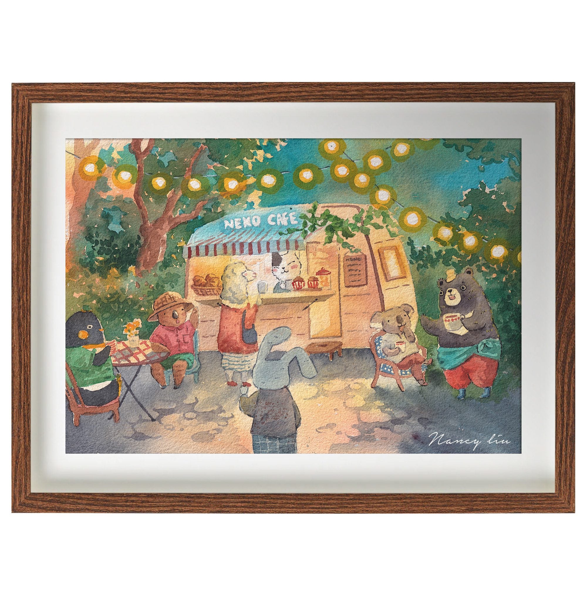 Watercolour illustration of Mr. Otter and his friends at a cat run cafe, shown framed