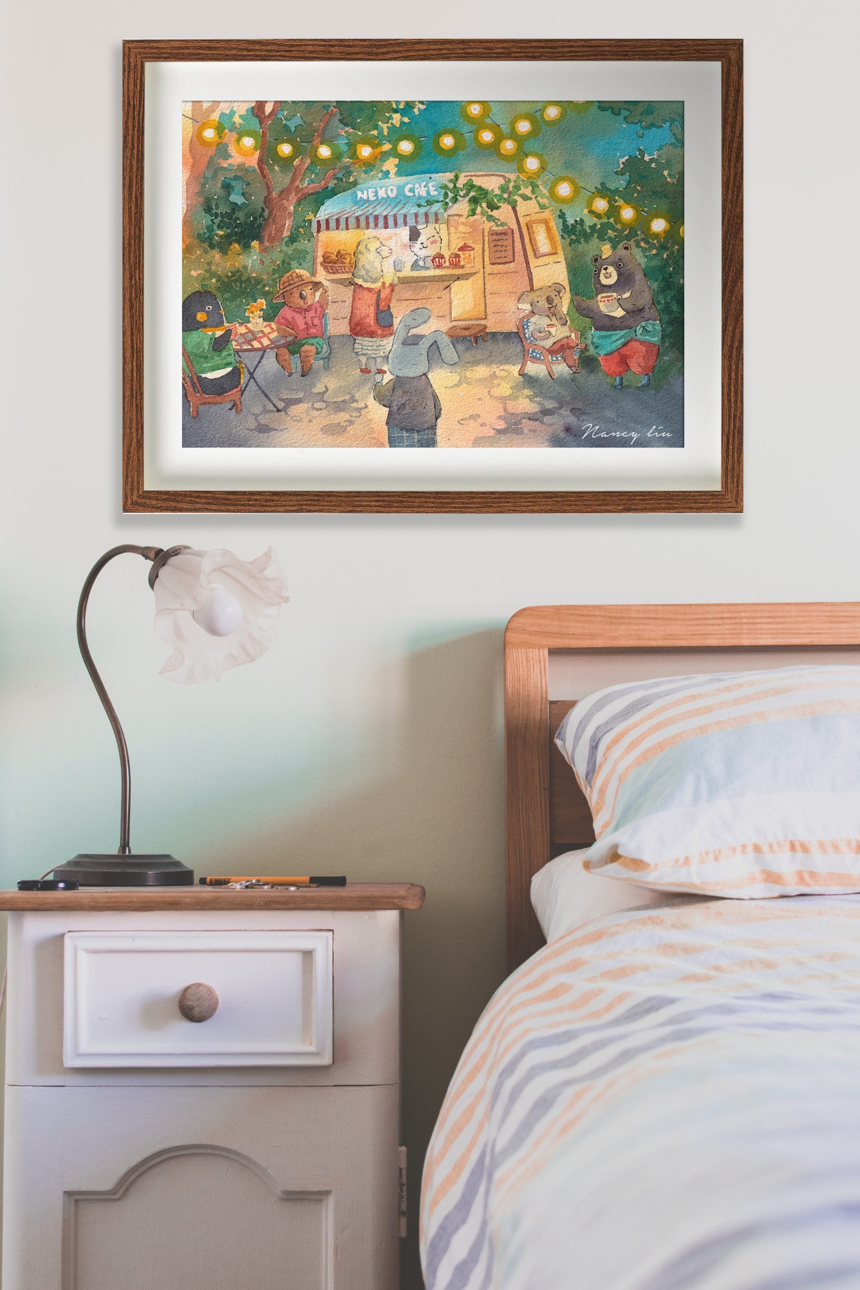 Neko Cafe print framed and styled on a wall