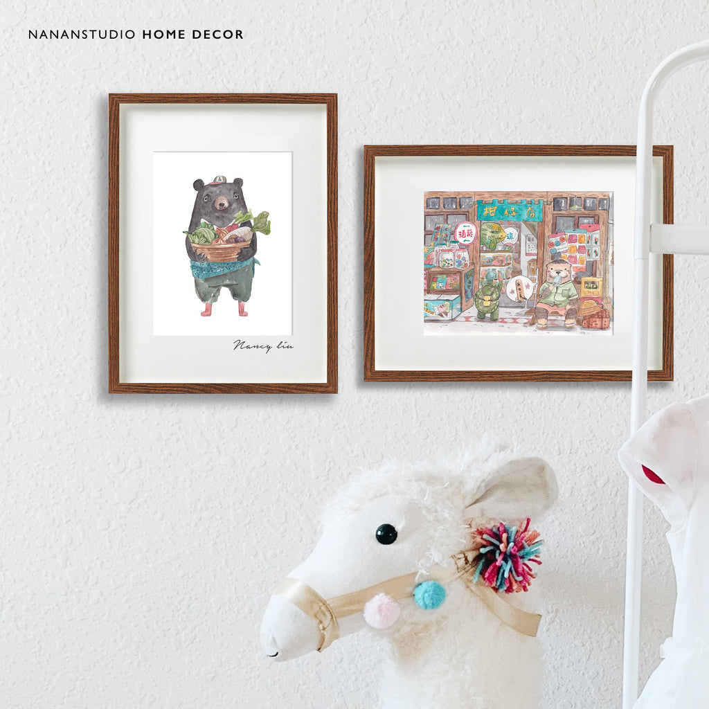 Mr. Otter grocery shop print framed on a nursery wall