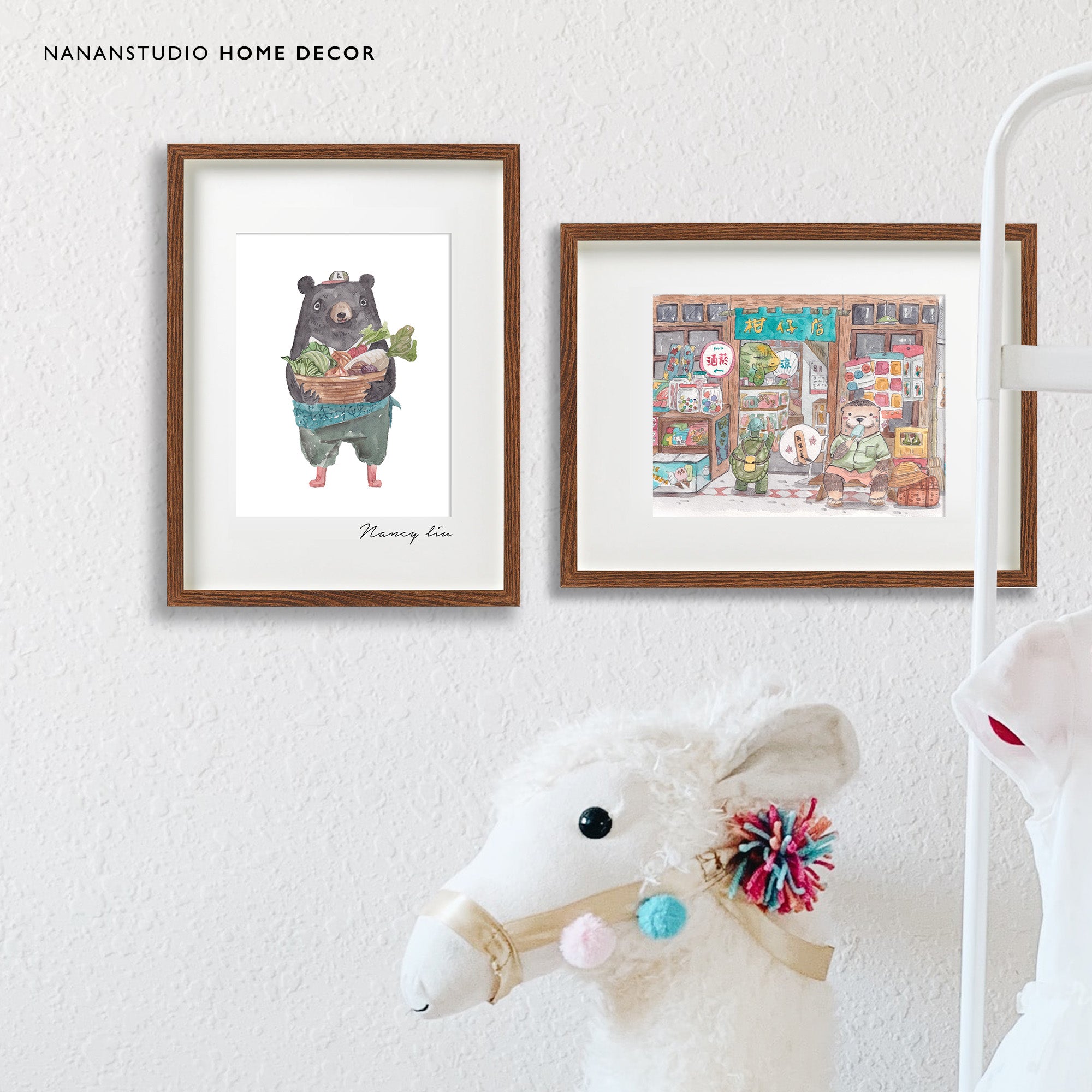 Mr. Otter grocery shop print framed on a nursery wall