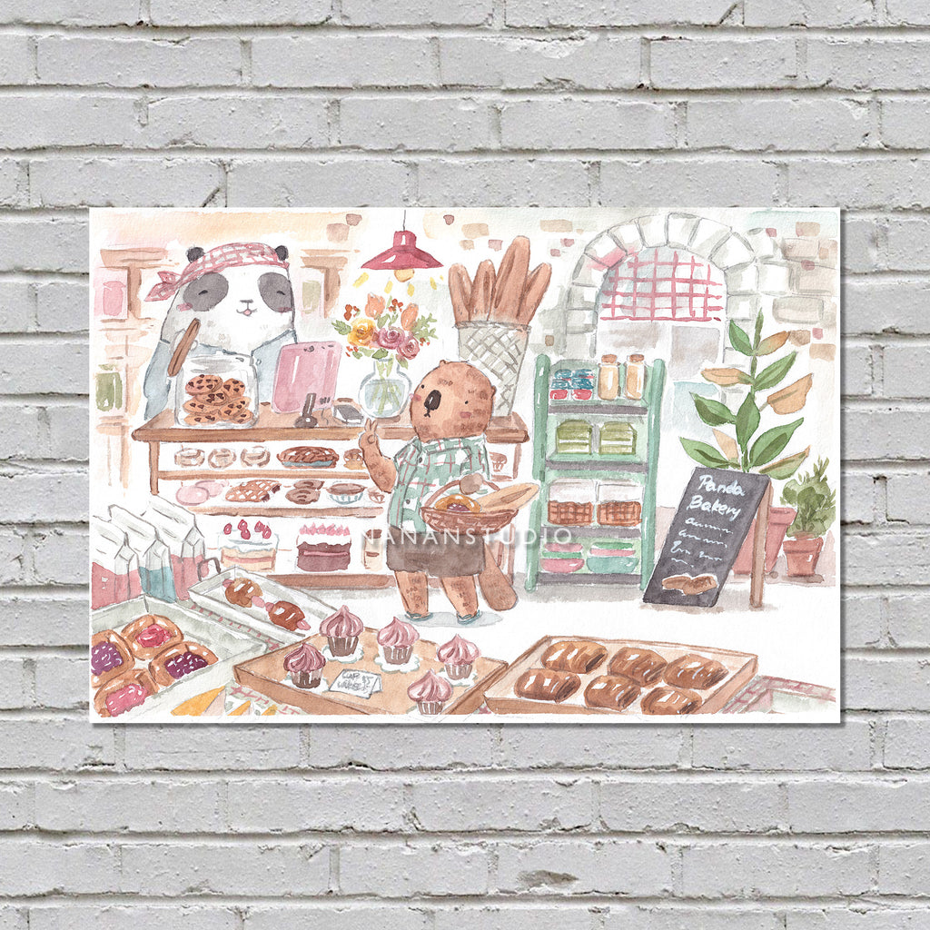 Watercolour illustration of a panda working in a bakery full of bread and cakes