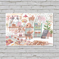 Watercolour illustration of a panda working in a bakery full of bread and cakes