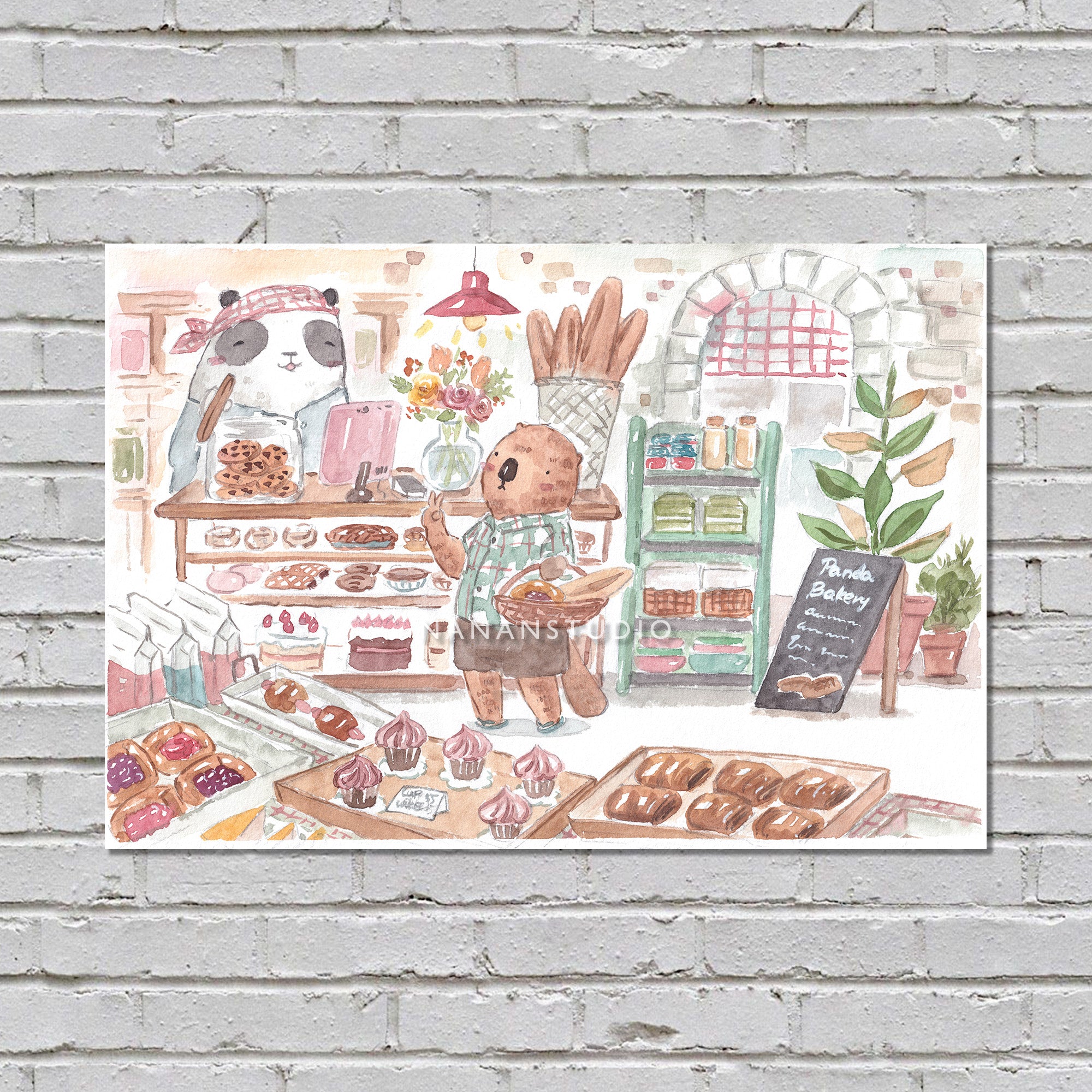 Watercolour illustration of a panda working in a bakery full of bread and cakes