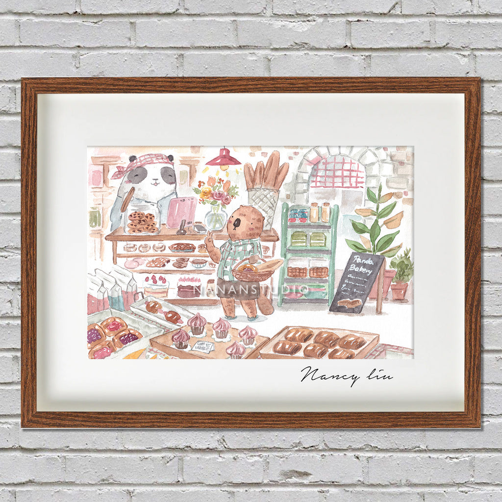 Panda Bakery watercolour print in a frame