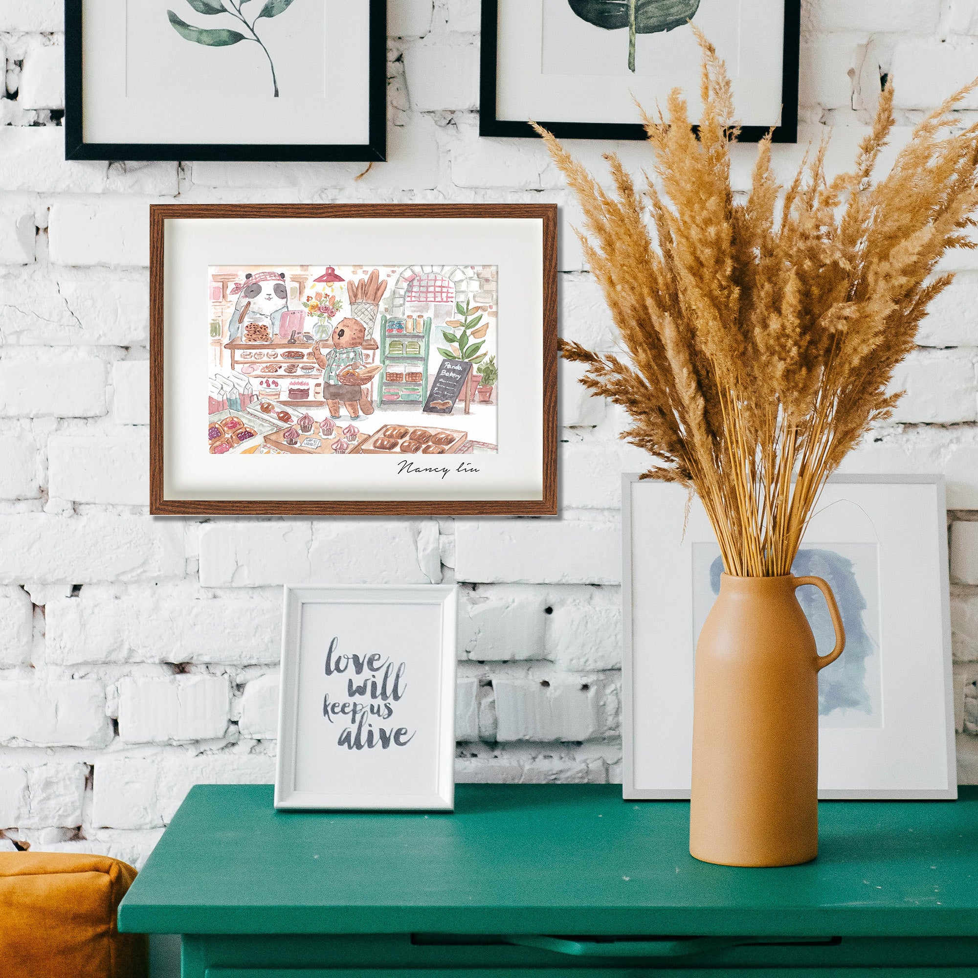 Close detail of the bread and pastries in the Panda Bakery print