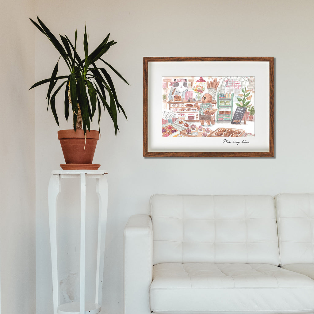 Panda Bakery print styled on a kitchen wall