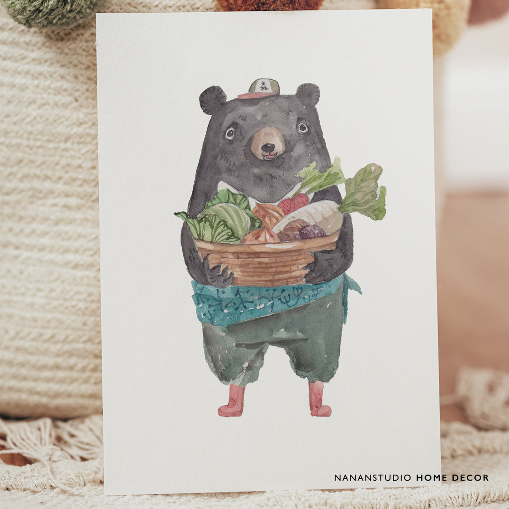 Watercolour illustration of Principal Bear tending the school vegetable garden
