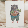 Watercolour illustration of Principal Bear tending the school vegetable garden