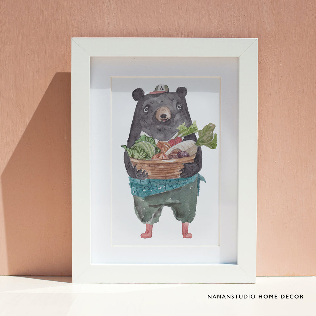 Principal Bear watercolour print in a frame on a wall