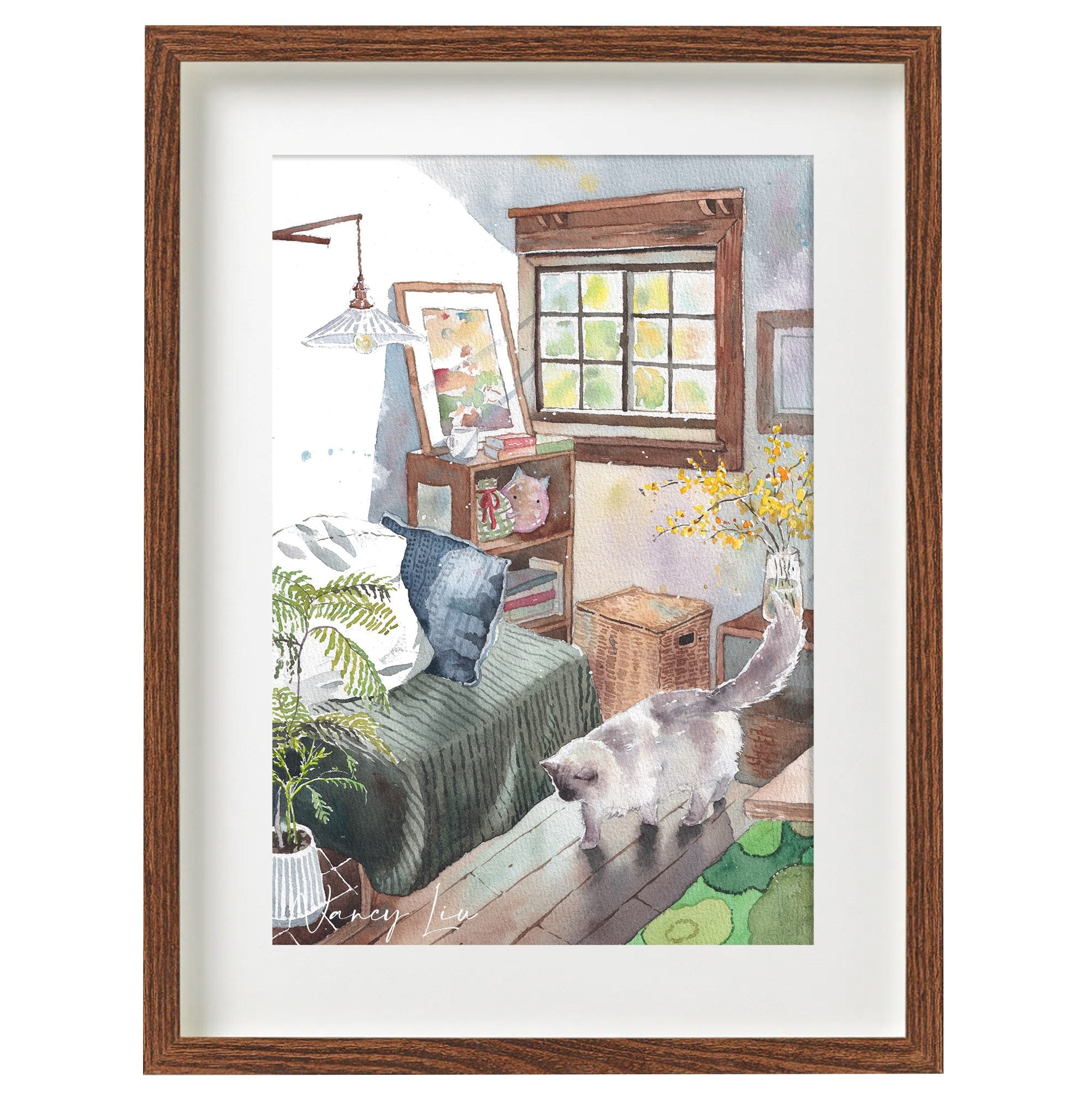 Watercolour print of a fluffy ragdoll cat searching the bookshelves for a fairy