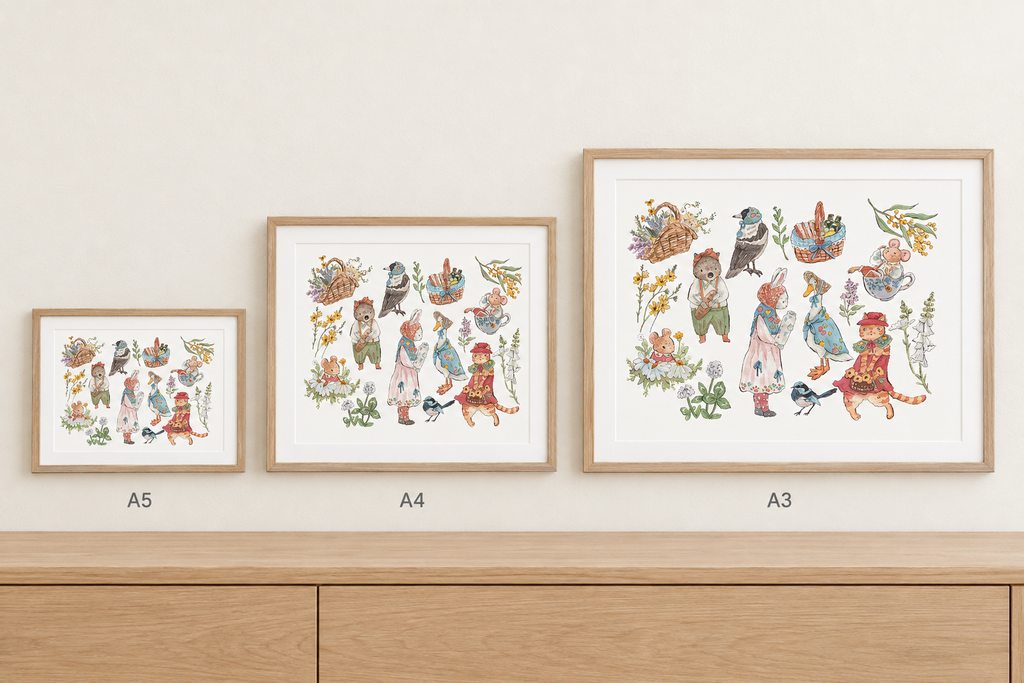 Revised A5, A4, and A3 mockup preserving the artwork proportions