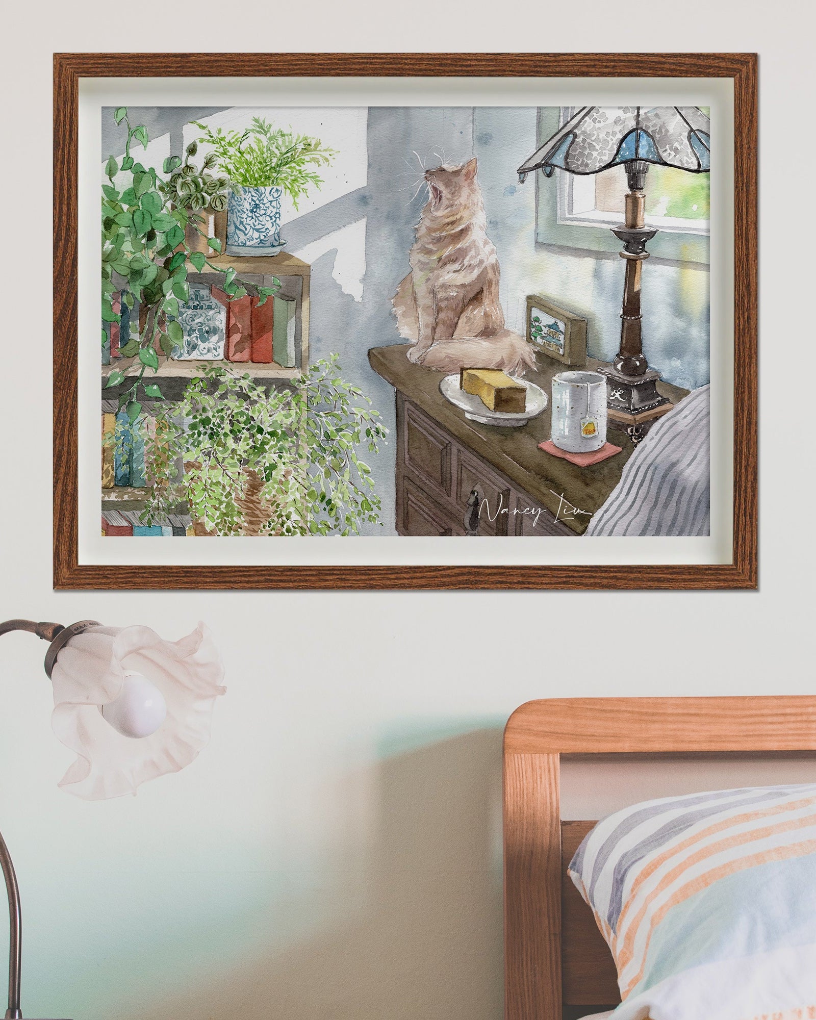Roar ginger cat watercolour art print shown framed on a wall