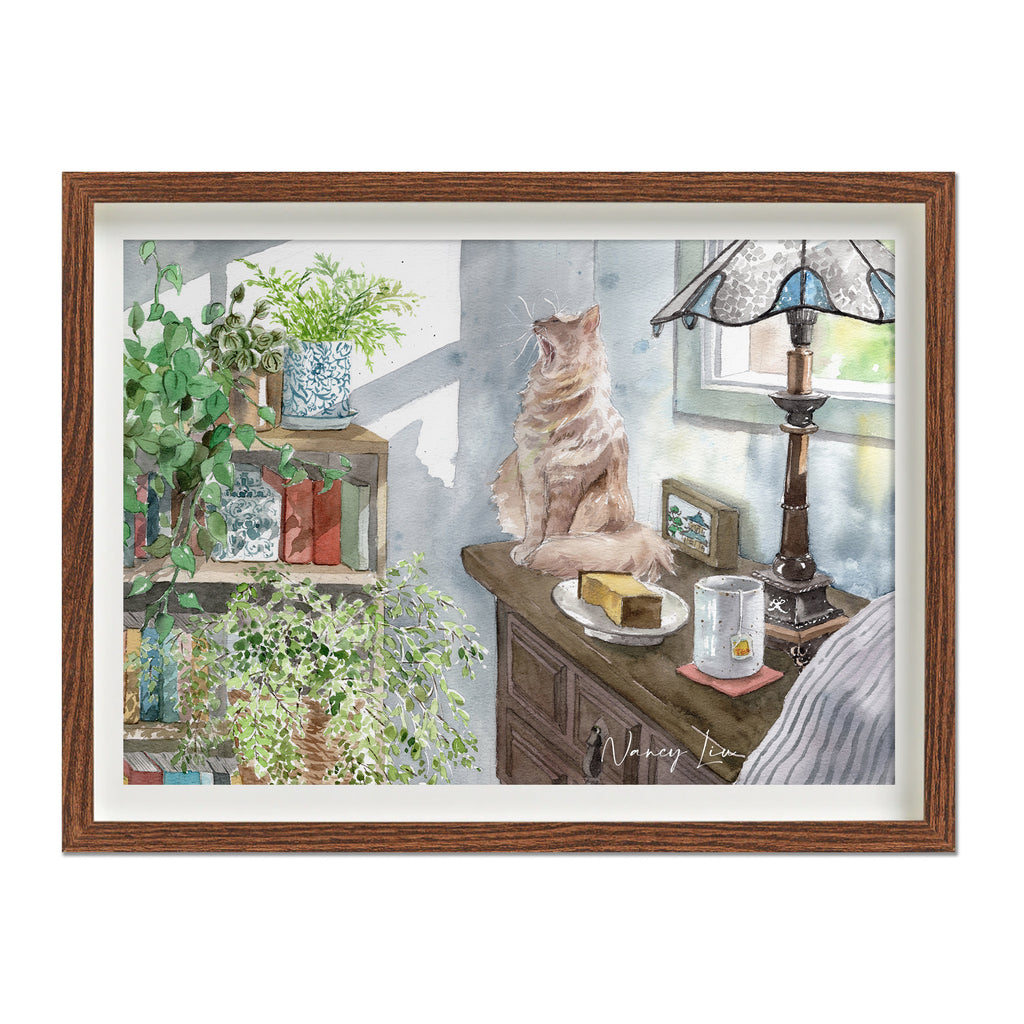 Bold watercolour print of a ginger cat mid-roar in afternoon sunlight