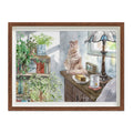 Bold watercolour print of a ginger cat mid-roar in afternoon sunlight