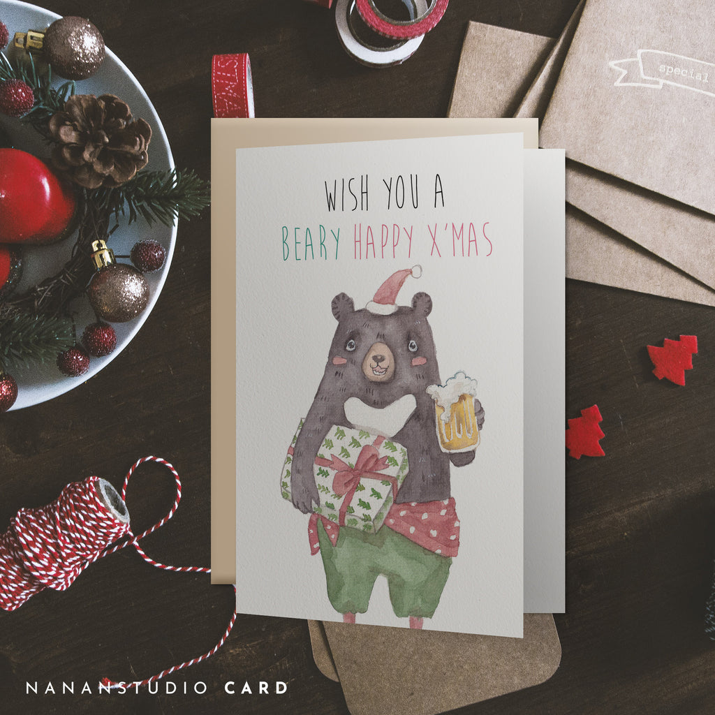 Wish you a Beary Christmas Card | Bear illustration