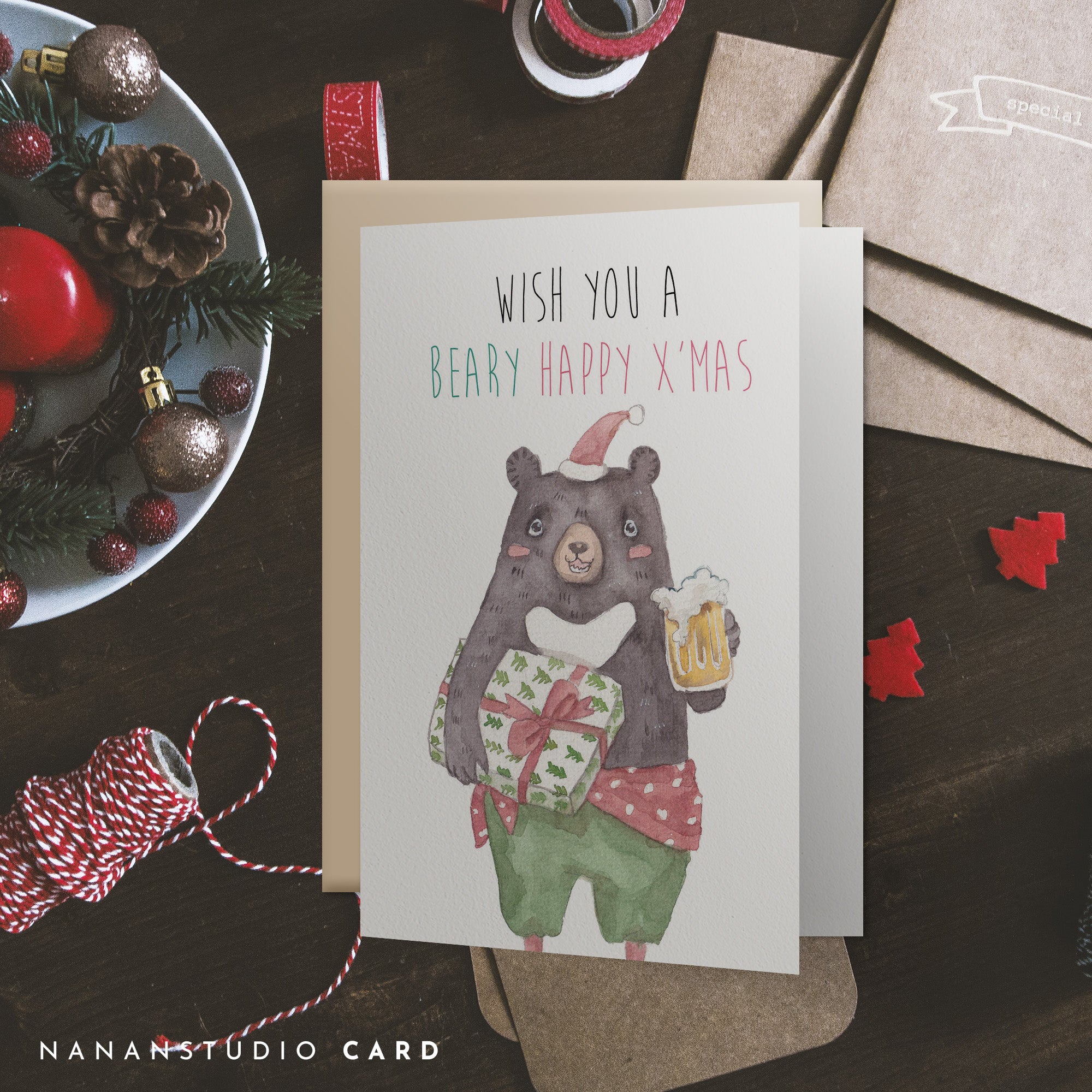Wish you a Beary Christmas Card | Bear illustration