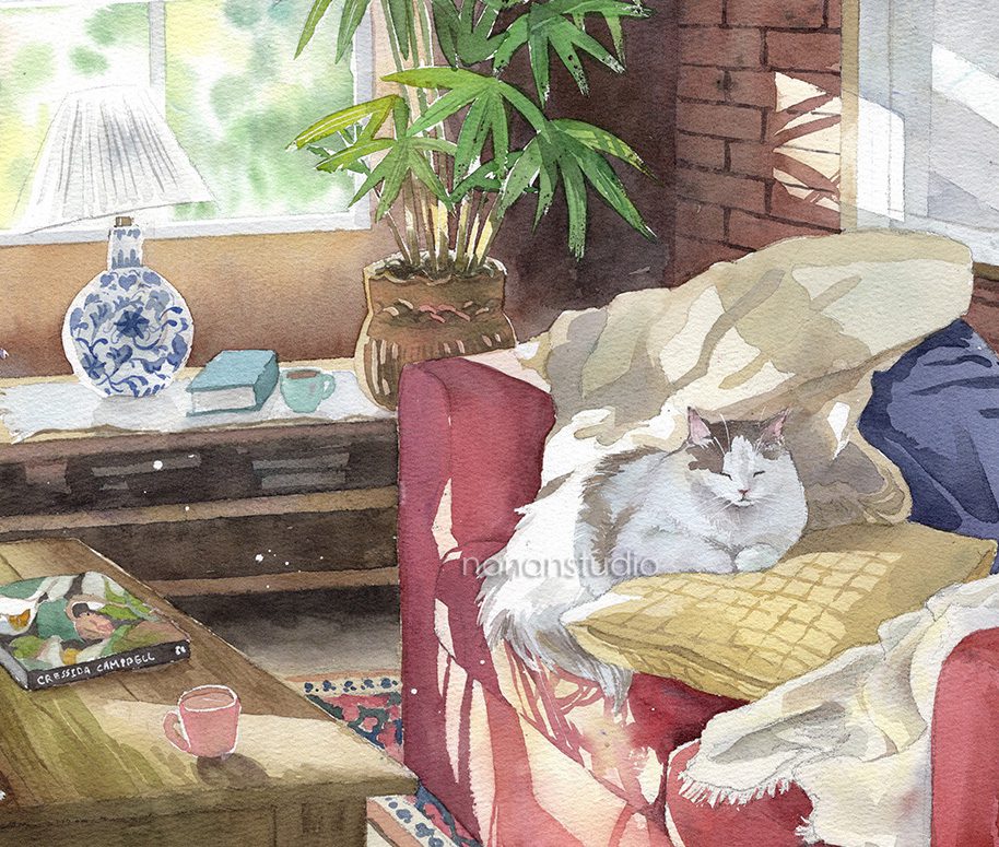 Giclee watercolour print of a fluffy cat napping on a couch in afternoon sunlight